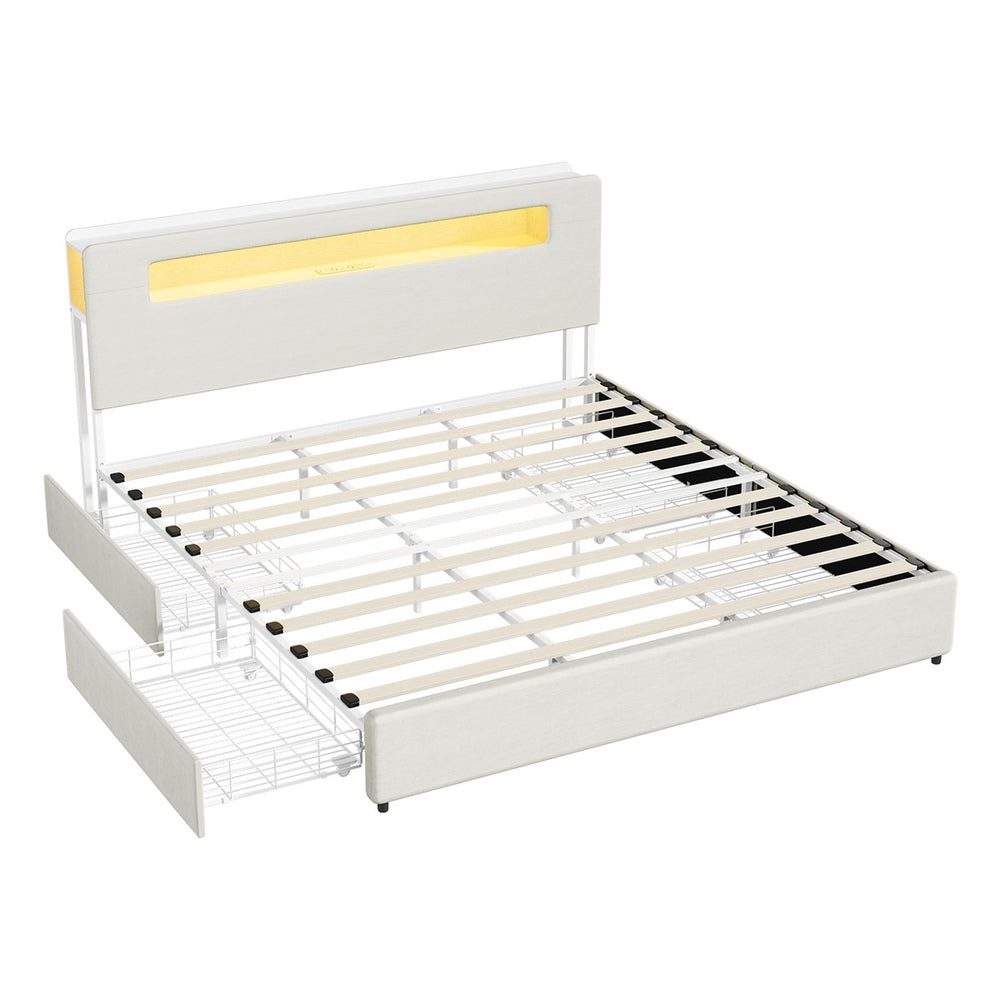Double/Queen/King Bed Frame With 2 Drawers LED USB Charging Headboard Bedroom Furniture