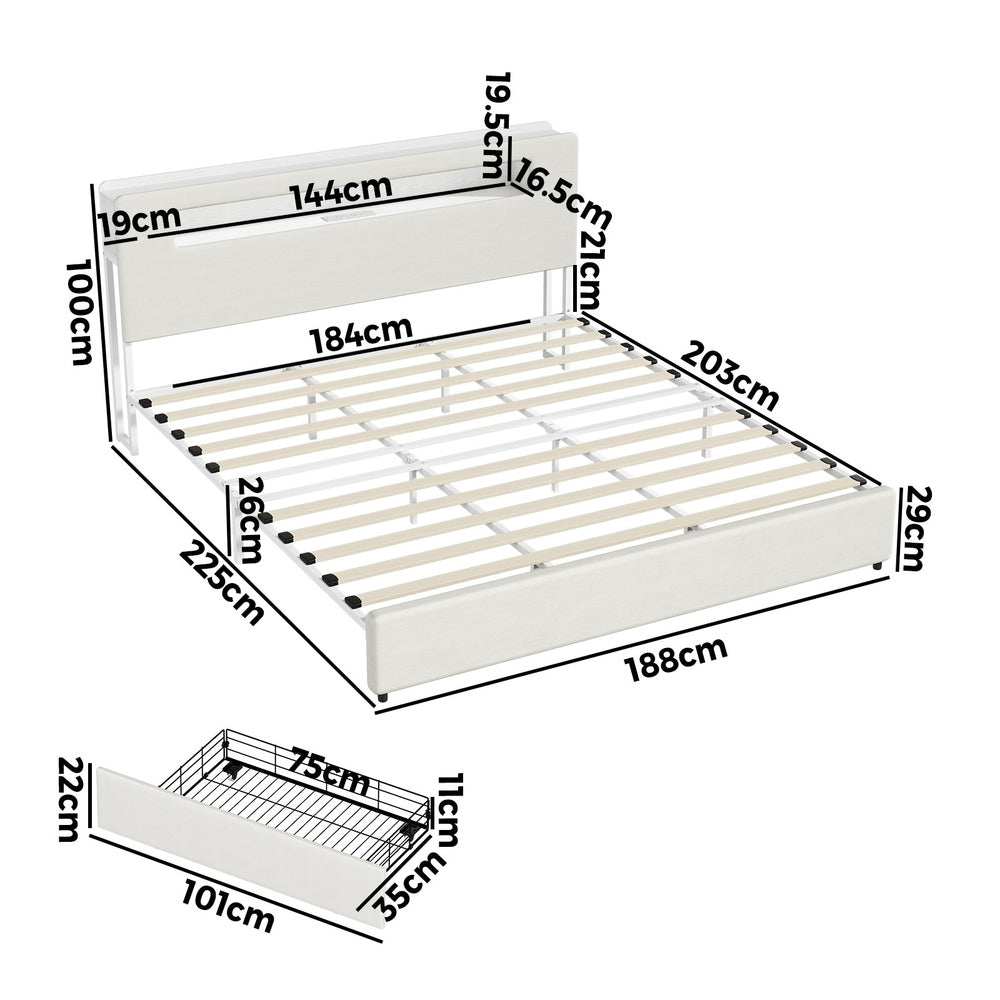 Double/Queen/King Bed Frame With 2 Drawers LED USB Charging Headboard Bedroom Furniture
