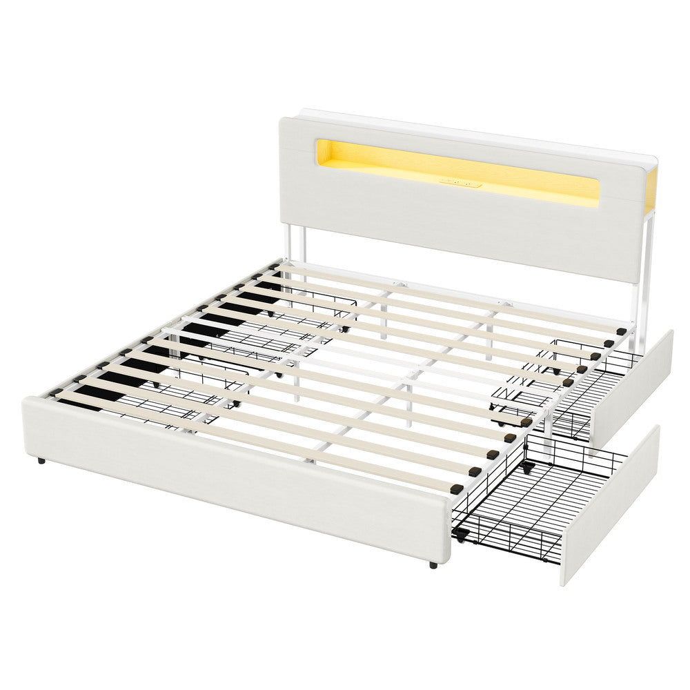 Double/Queen/King Bed Frame With 2 Drawers LED USB Charging Headboard Bedroom Furniture