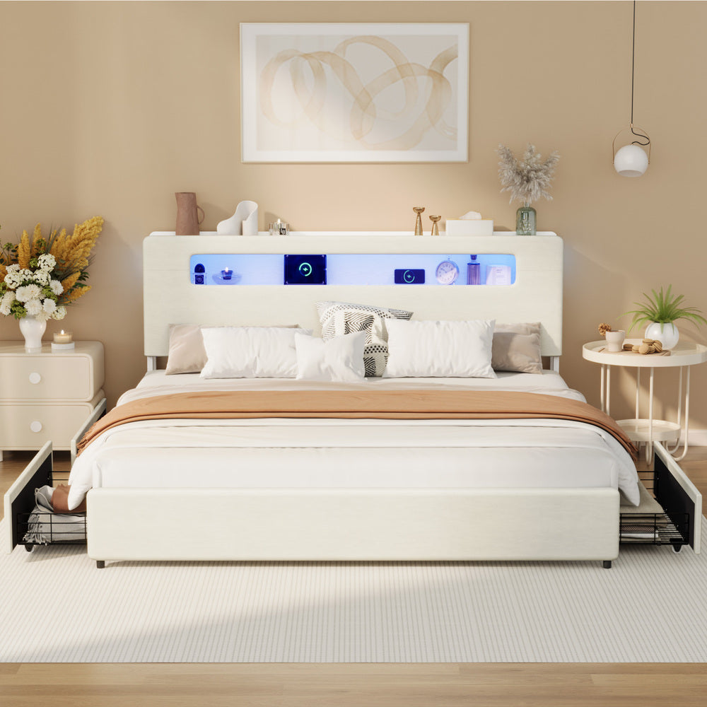Double/Queen/King Bed Frame With 2 Drawers LED USB Charging Headboard Bedroom Furniture