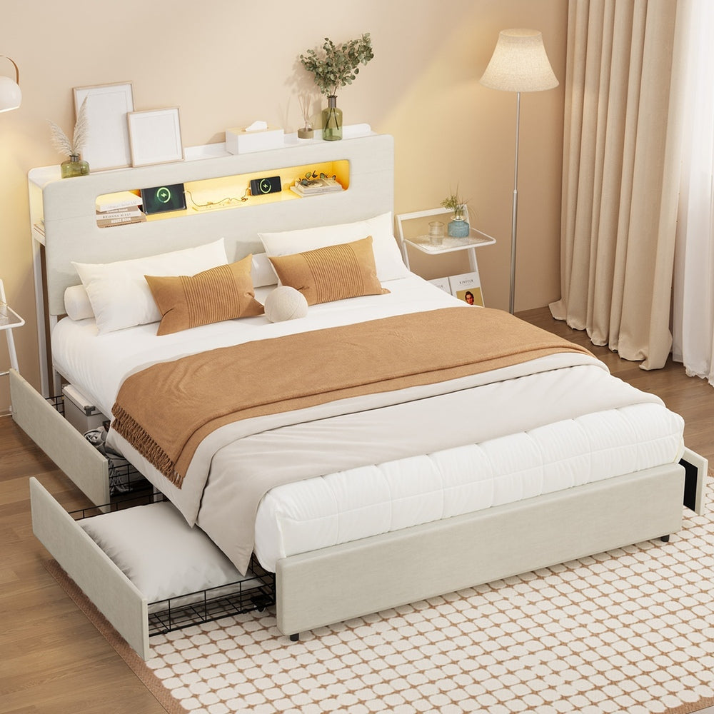 Double/Queen/King Bed Frame With 2 Drawers LED USB Charging Headboard Bedroom Furniture