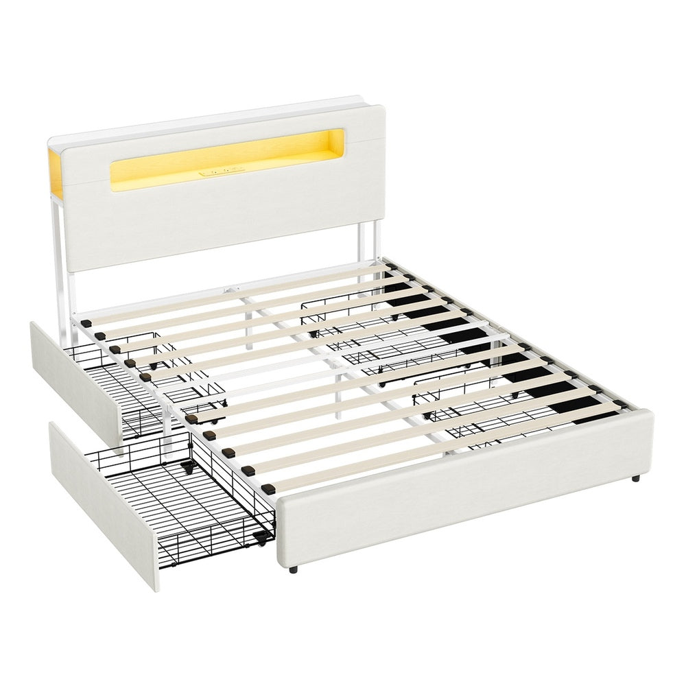 Double/Queen/King Bed Frame With 2 Drawers LED USB Charging Headboard Bedroom Furniture