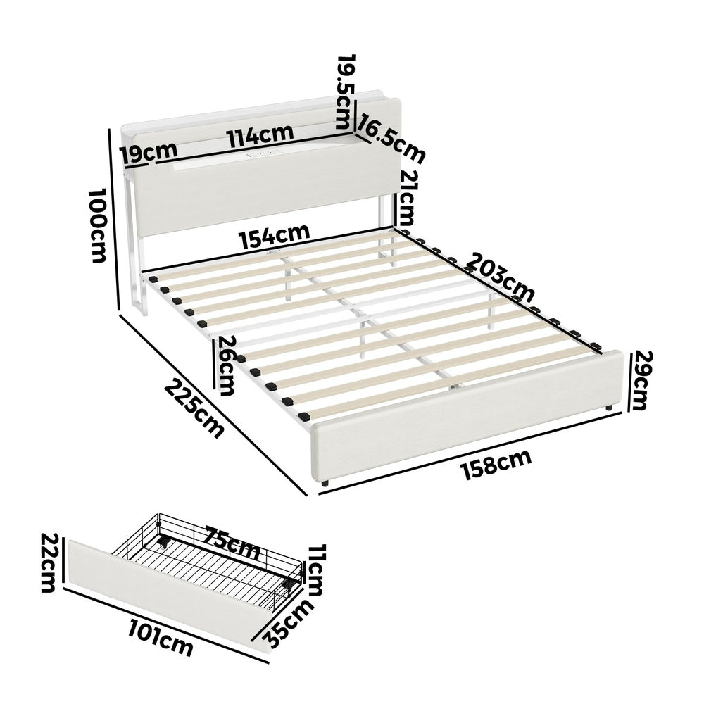 Double/Queen/King Bed Frame With 2 Drawers LED USB Charging Headboard Bedroom Furniture