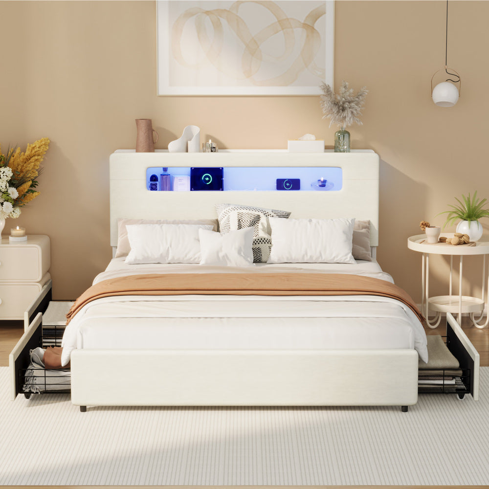 Double/Queen/King Bed Frame With 2 Drawers LED USB Charging Headboard Bedroom Furniture