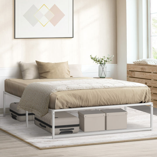 Sturdy White Metal Bed Frame Double/Queen Size Bed Base Design - Metal Bed Frame