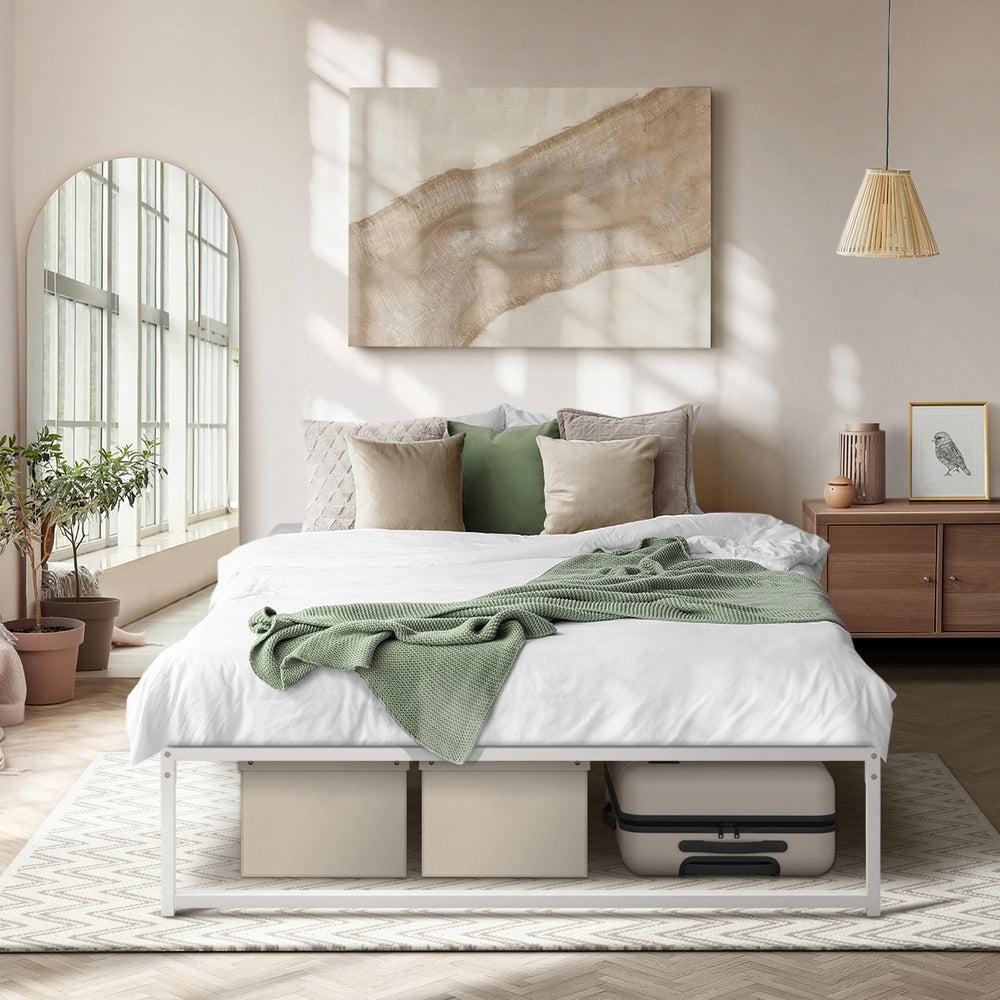 Sturdy White Metal Bed Frame Double/Queen Size Bed Base Design