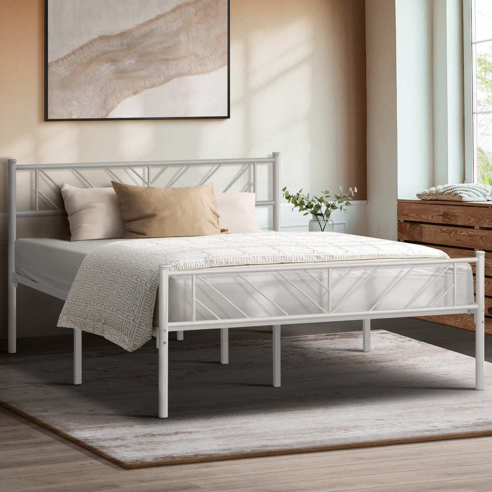 Metal Bed Frame Queen Size Metal Base Mattress Platform White