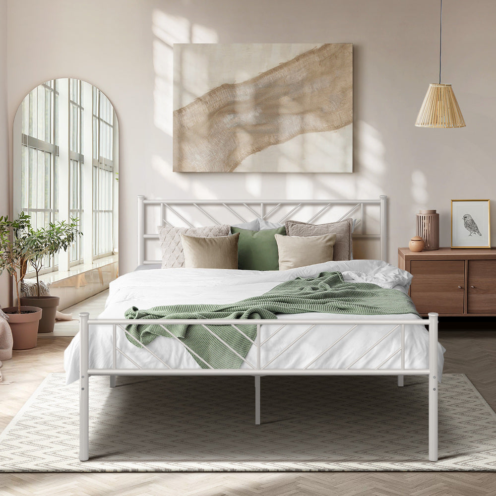 Metal Bed Frame Queen Size Metal Base Mattress Platform White