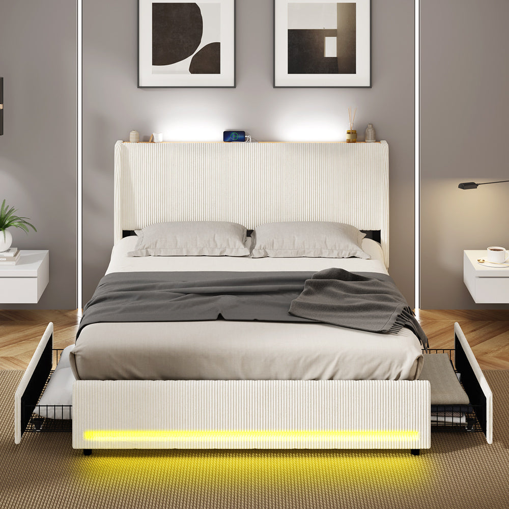 Double Bed Frame With Charging Station 202x144x102cm