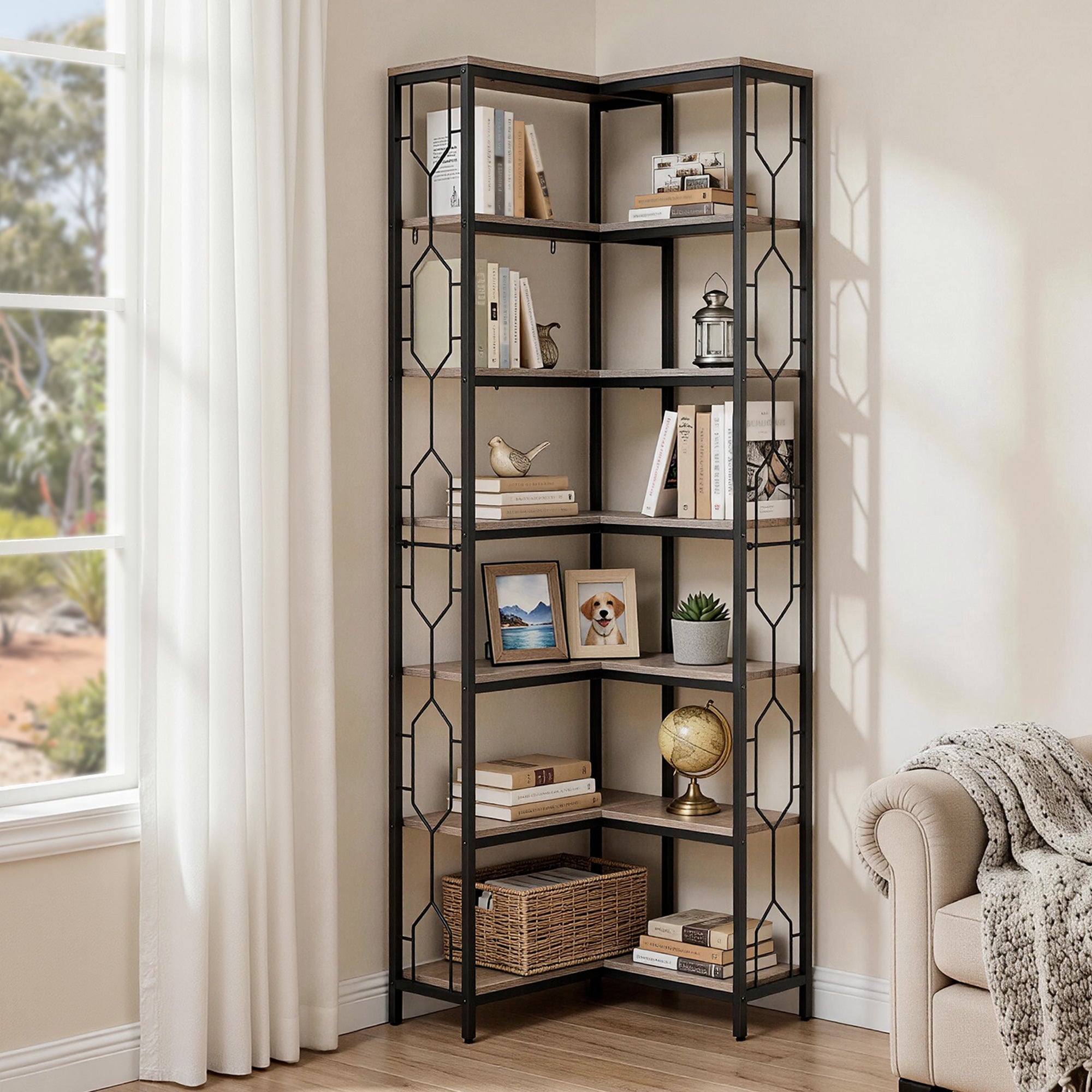 6-Tier Corner Bookshelf Oak Black Metal | Simpledeals