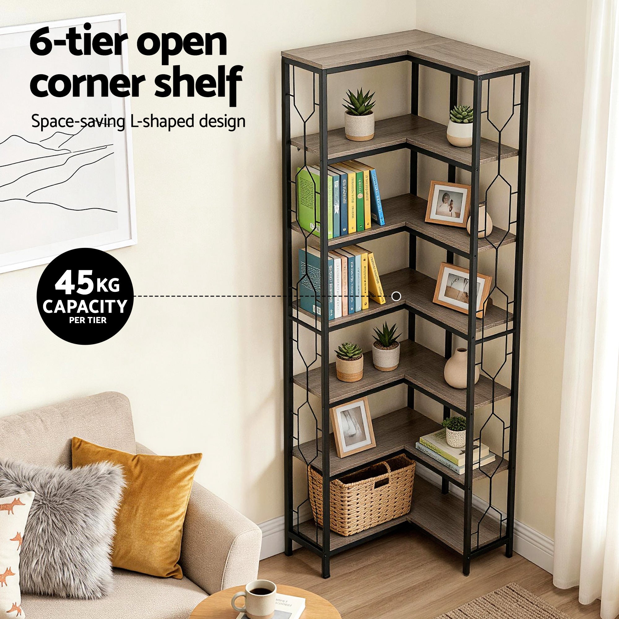 6-Tier Corner Bookshelf Oak Black Metal | Simpledeals