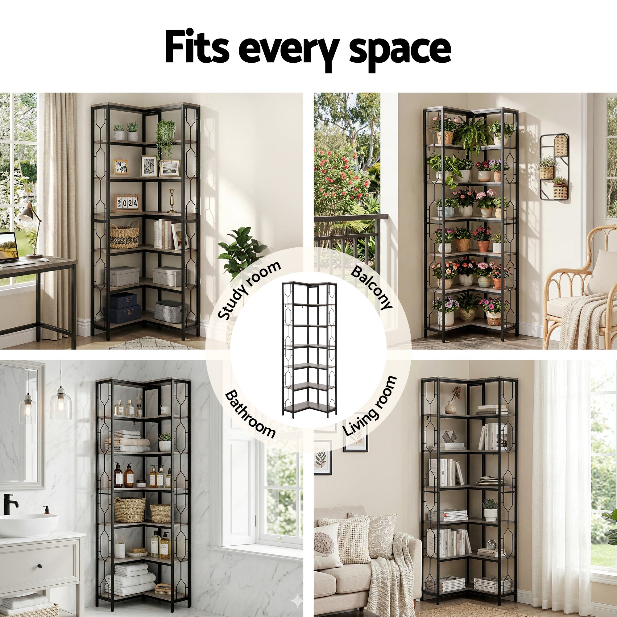 6-Tier Corner Bookshelf Oak Black Metal | Simpledeals
