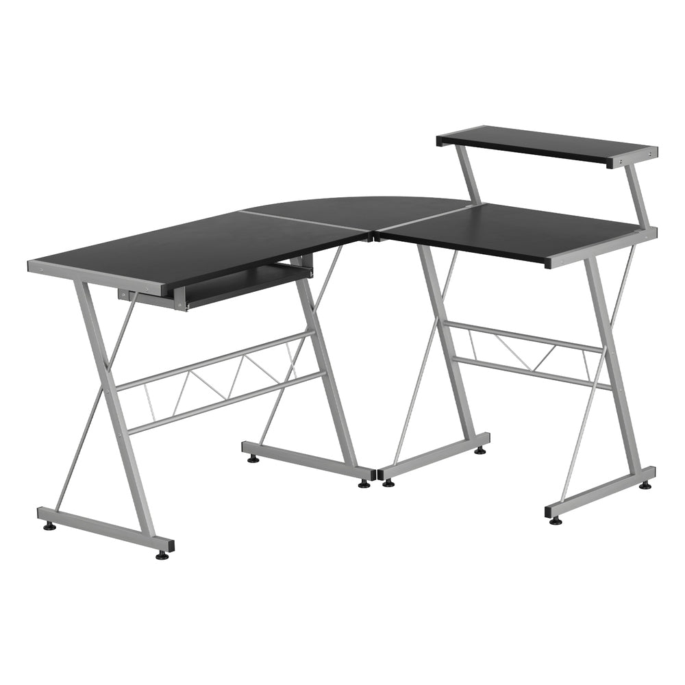 L Shape Computer Desk Black L-Desk with Keyboard Tray & Shelf Workstation