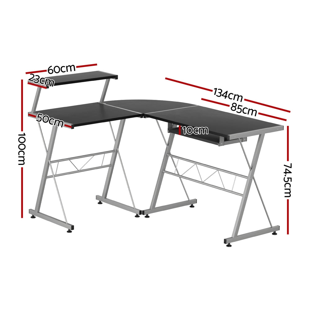 L Shape Computer Desk Black L-Desk with Keyboard Tray & Shelf Workstation