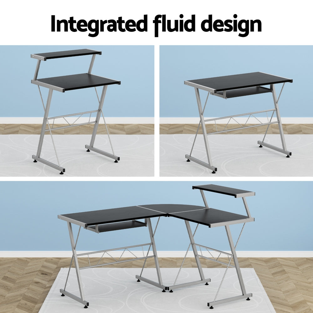 L Shape Computer Desk Black L-Desk with Keyboard Tray & Shelf Workstation