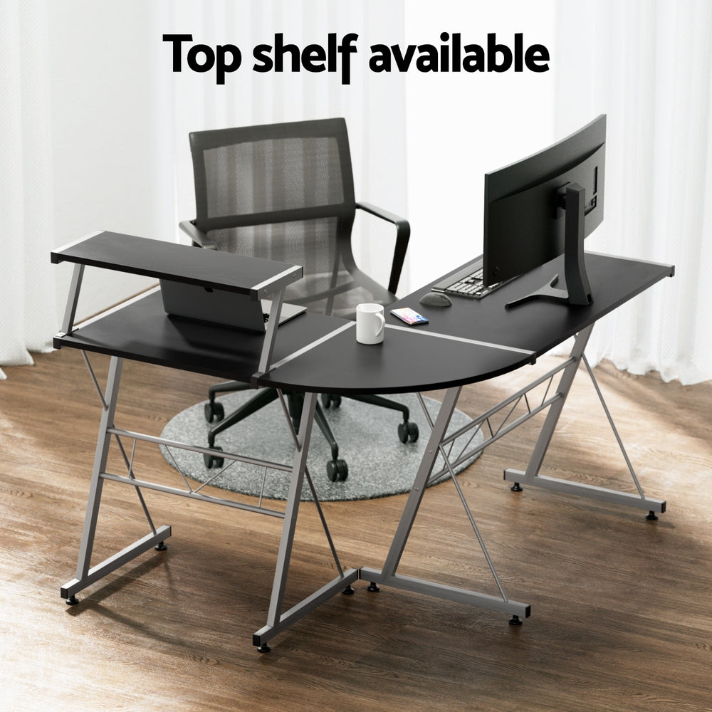L Shape Computer Desk Black L-Desk with Keyboard Tray & Shelf Workstation