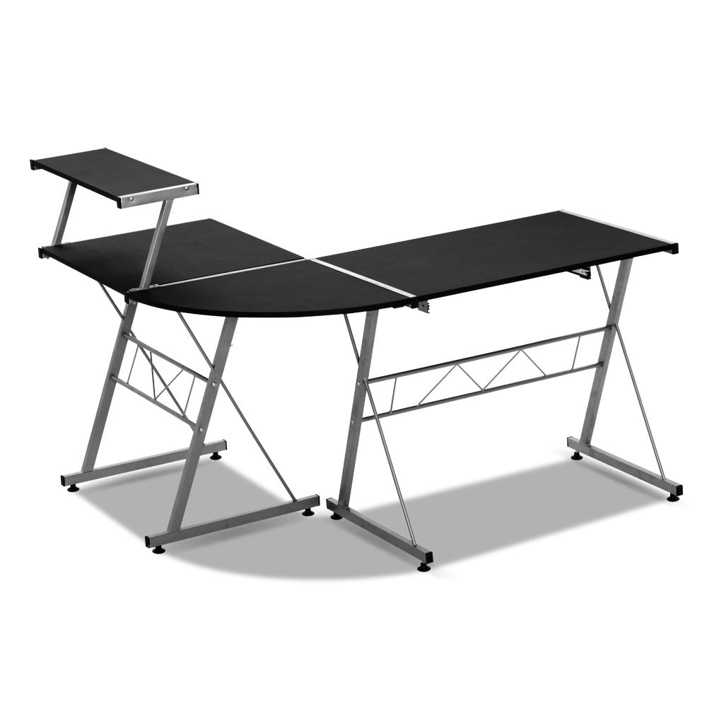 L Shape Computer Desk Black L-Desk with Keyboard Tray & Shelf Workstation
