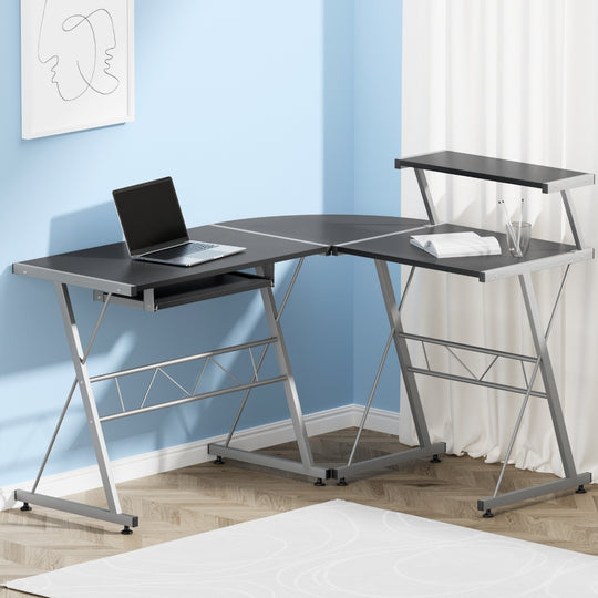 L Shape Computer Desk Black L-Desk with Keyboard Tray & Shelf Workstation, Artiss Corner Metal Pull
