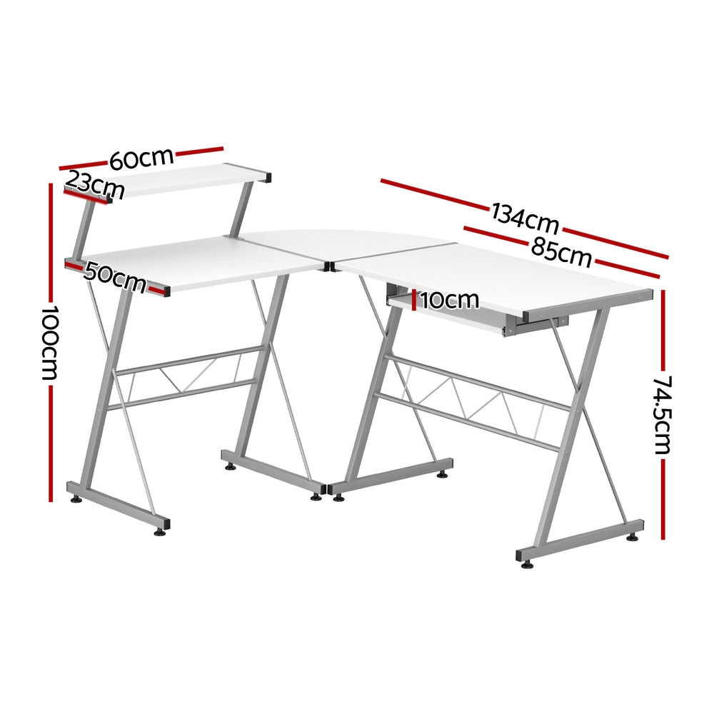 Computer Desk L-Shape Keyboard Tray Shelf White