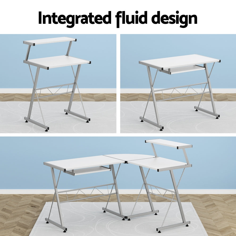 Computer Desk L-Shape Keyboard Tray Shelf White