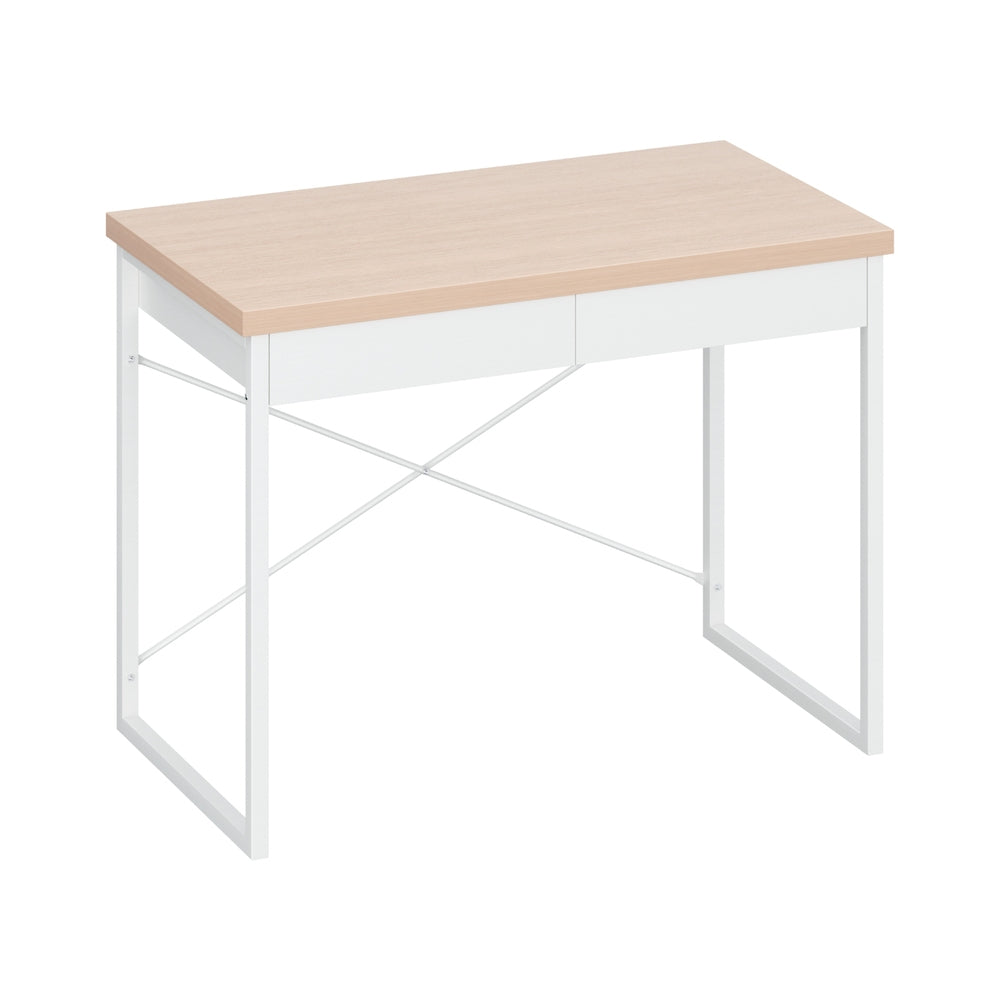 Computer Desk 2 Drawer Storage Office Study Table Oak Steel Frame