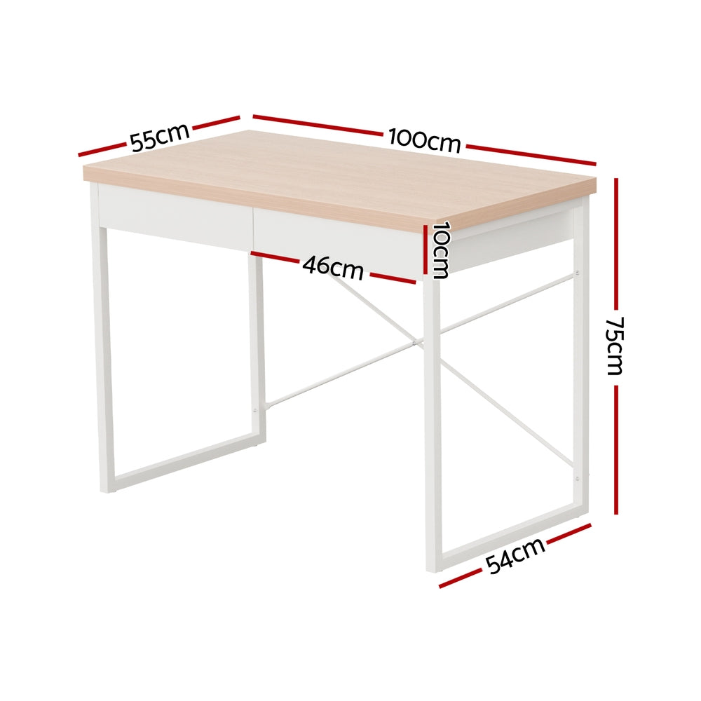 Computer Desk 2 Drawer Storage Office Study Table Oak Steel Frame