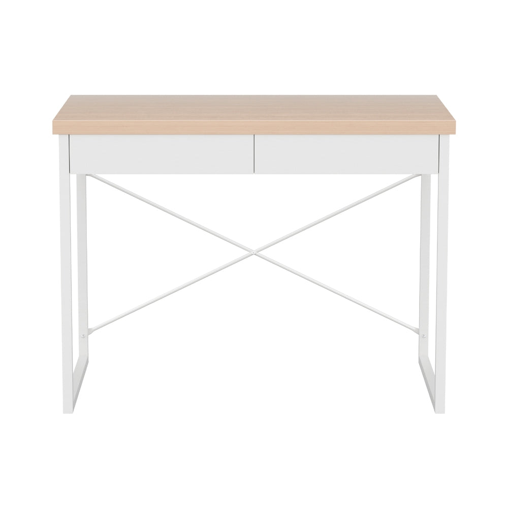Computer Desk 2 Drawer Storage Office Study Table Oak Steel Frame