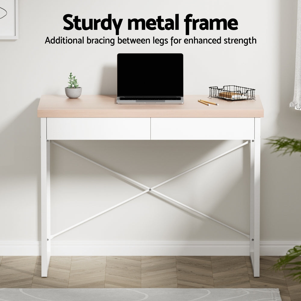 Computer Desk 2 Drawer Storage Office Study Table Oak Steel Frame