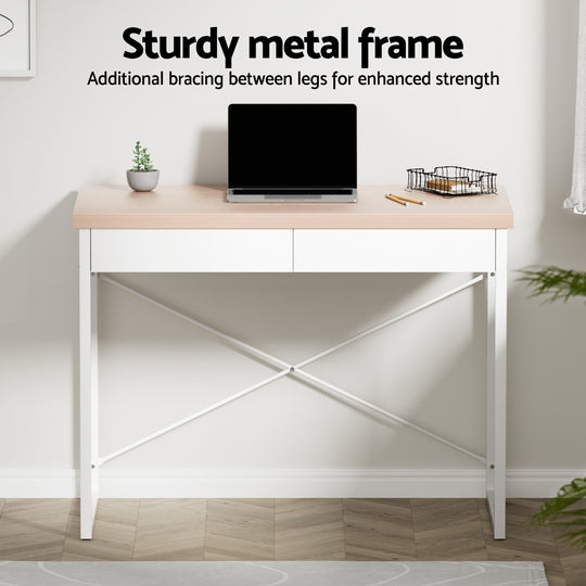 Computer Desk 2 Drawer Storage Office Study Table Oak Steel