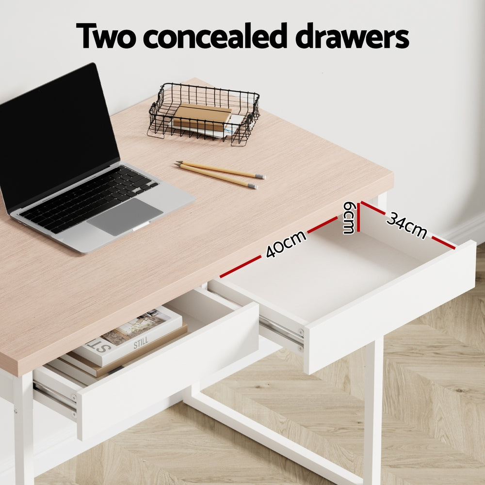 Computer Desk 2 Drawer Storage Office Study Table Oak Steel Frame