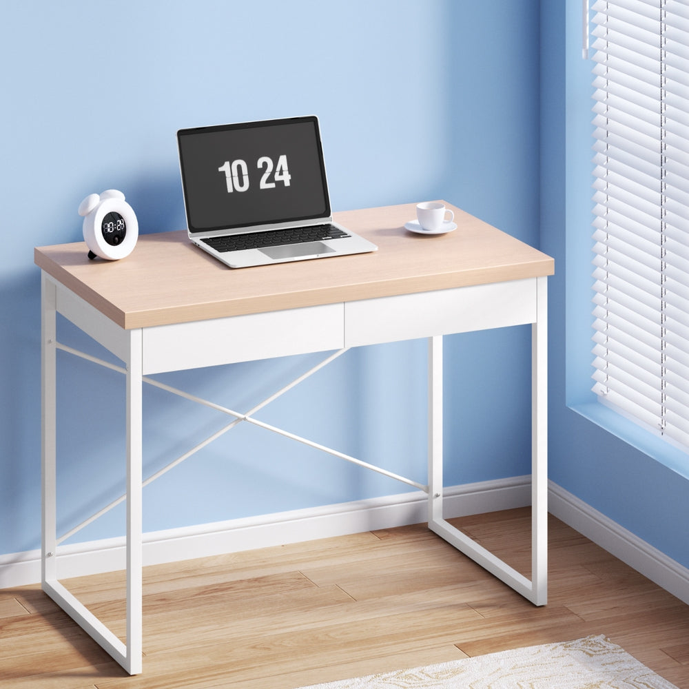 Computer Desk 2 Drawer Storage Office Study Table Oak Steel Frame