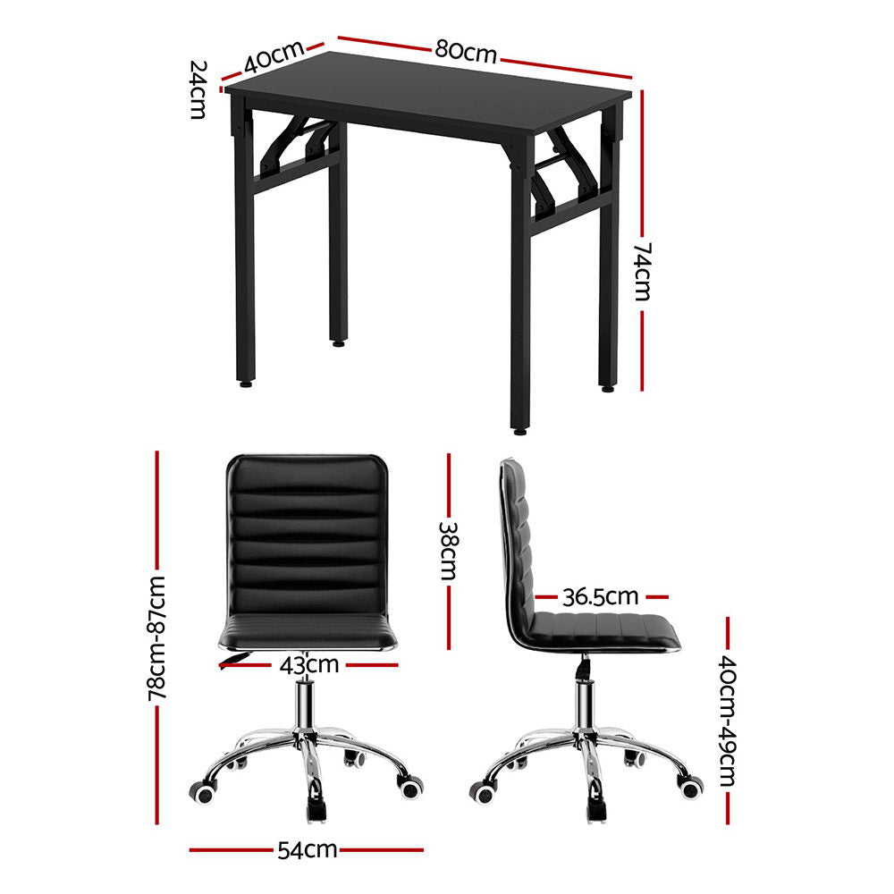 Computer Desk Office Chair PU Leather Set Foldable Home Study Table Black