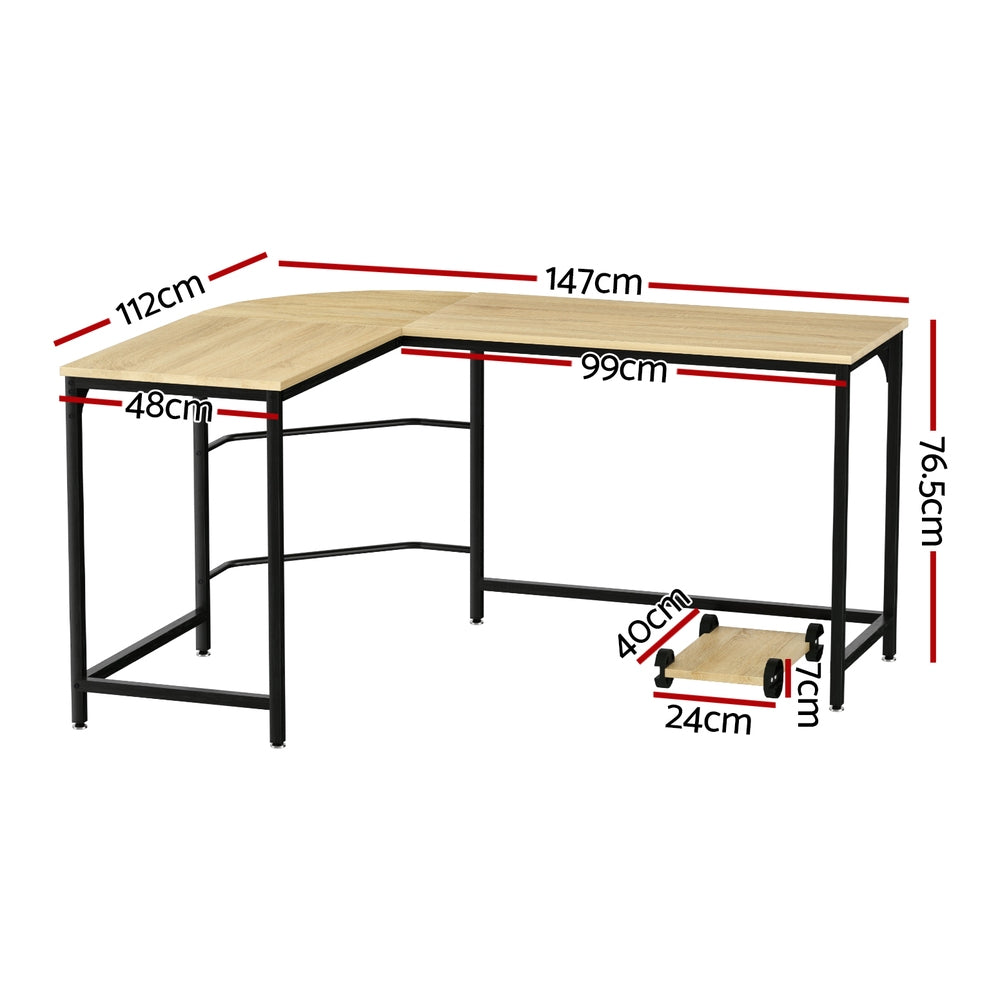 L Shaped Computer Desk 147cm Corner Table Oak w/ CPU Stand Steel | Oak colour