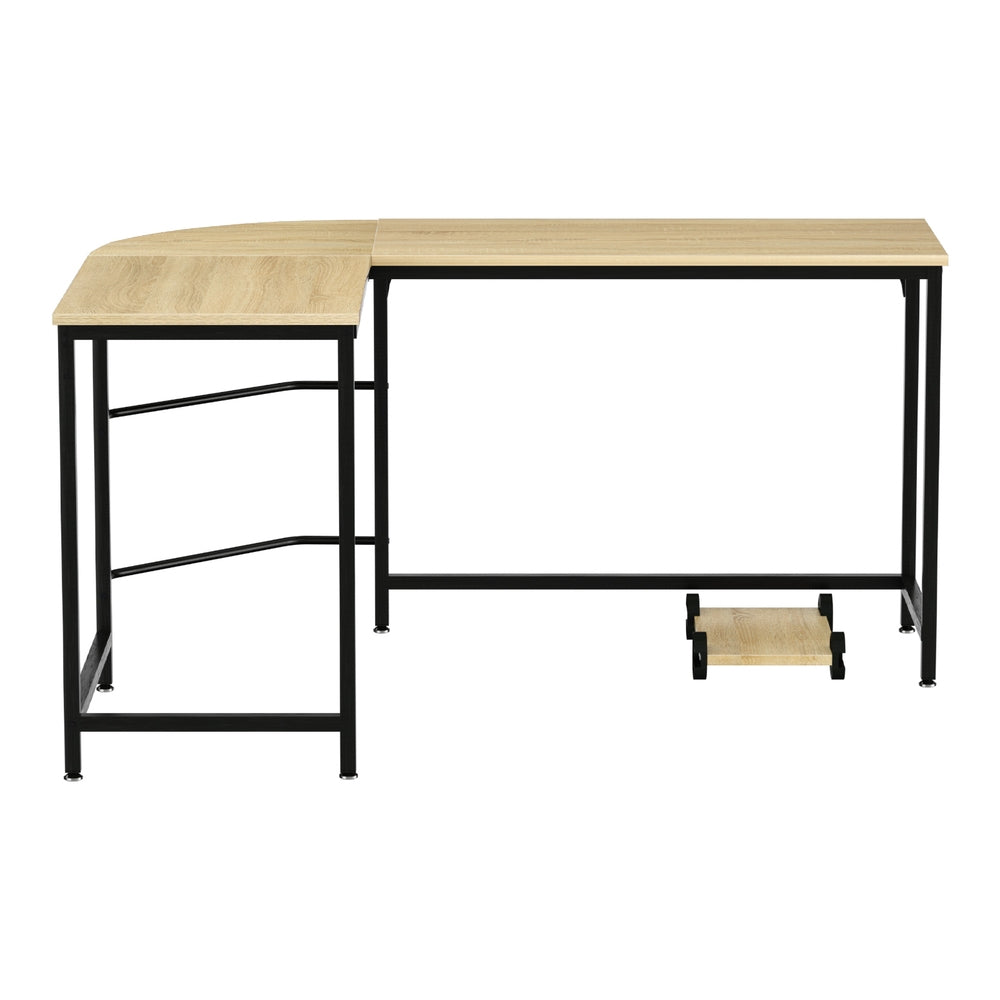 L Shaped Computer Desk 147cm Corner Table Oak w/ CPU Stand Steel, Steel finish
