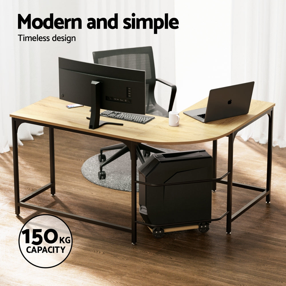Desks - L Shaped Computer Desk 147cm Corner Table Oak w/ CPU Stand Steel