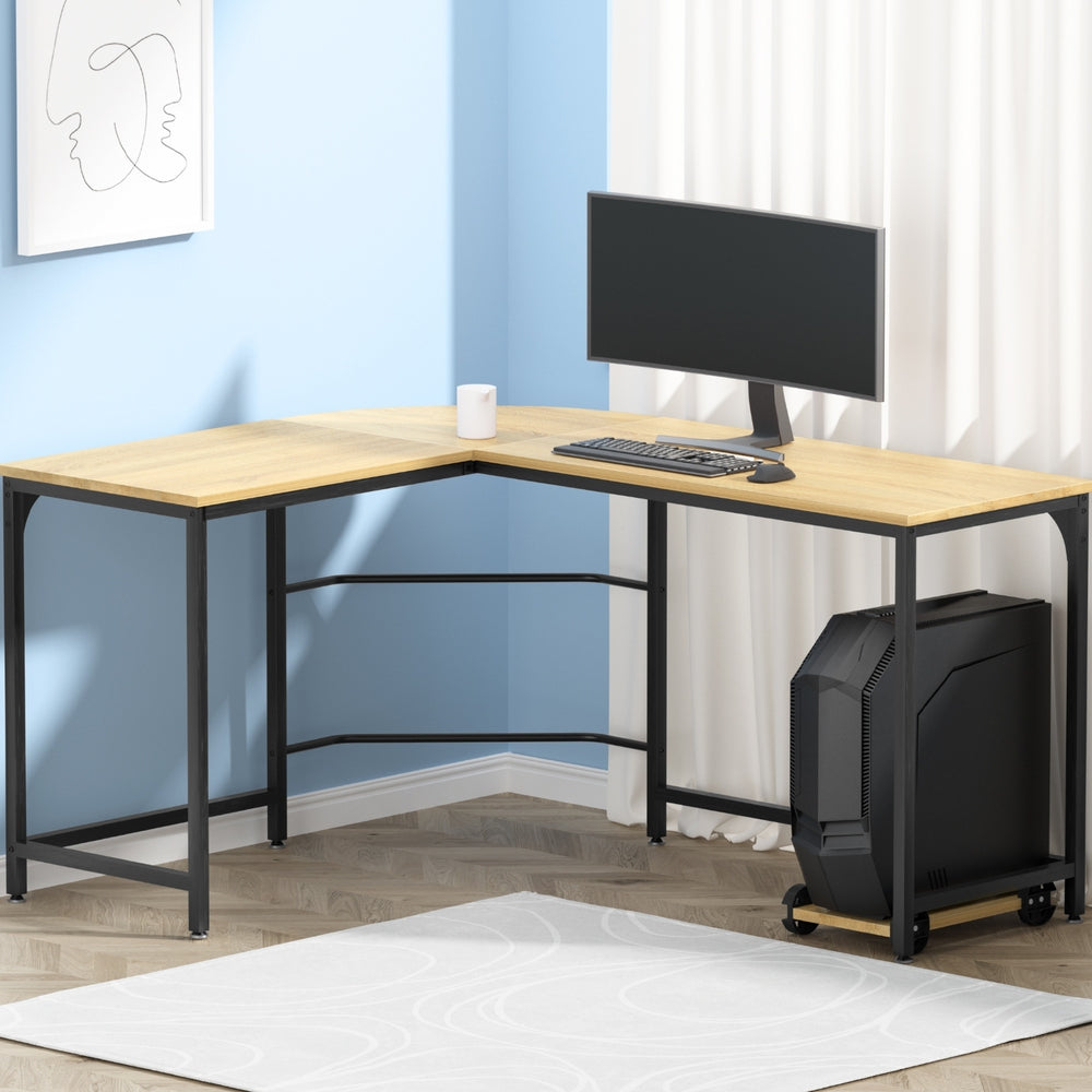 Steel finish - L Shaped Computer Desk 147cm Corner Table Oak w/ CPU Stand Steel