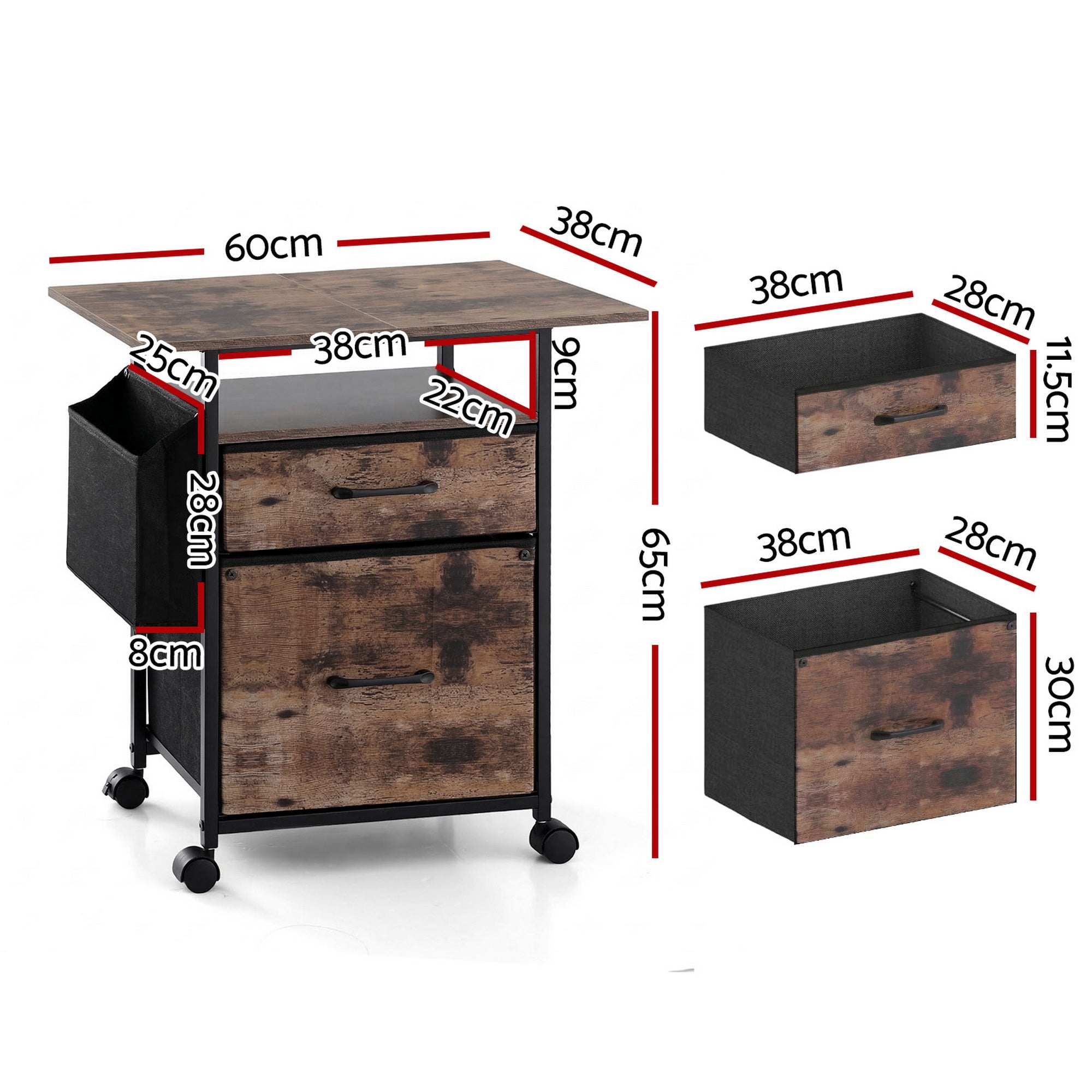 Filing Cabinet with 2 Fabric Drawers Printer Stand 60cm Desk