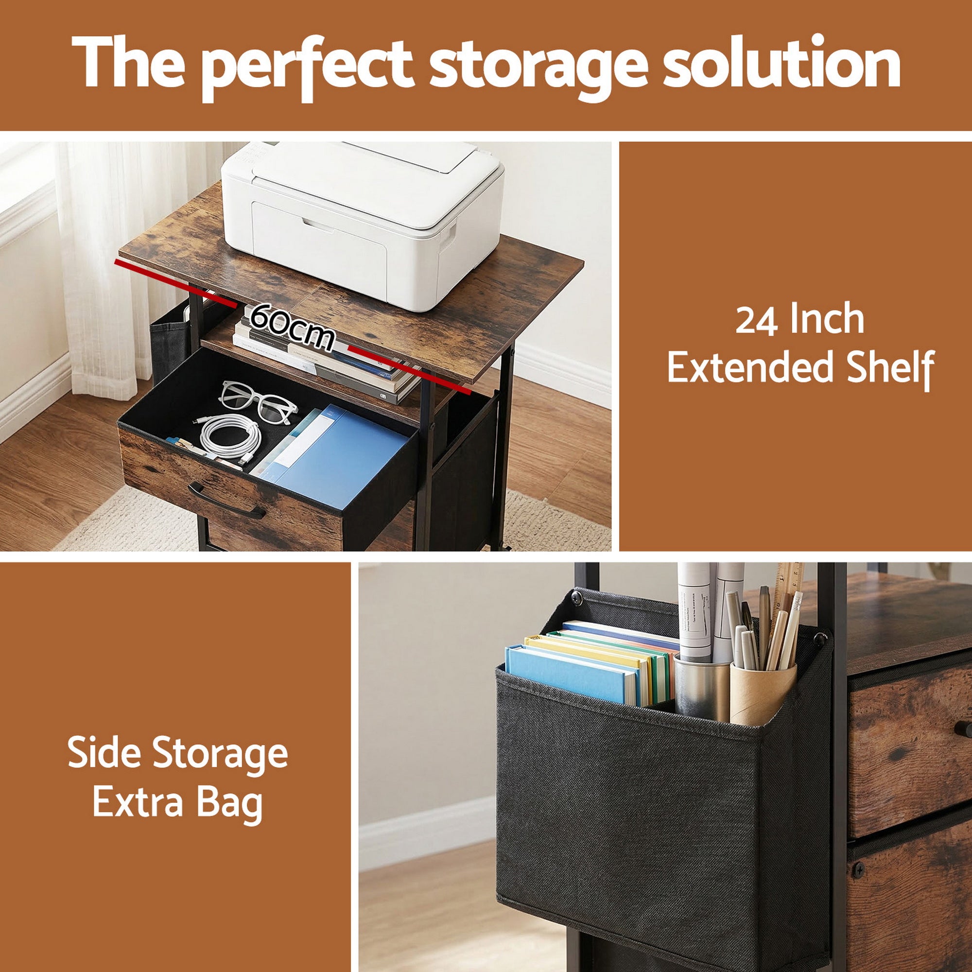Filing Cabinet with 2 Fabric Drawers Printer Stand 60cm Desk