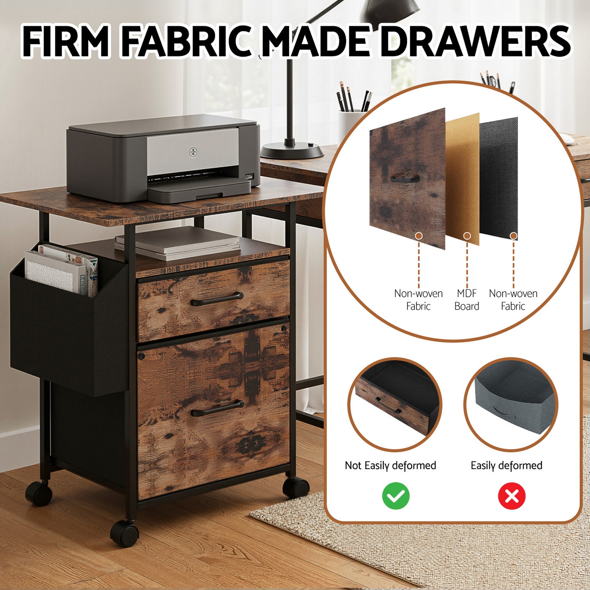 Filing Cabinet with 2 Fabric Drawers Printer Stand 60cm Desk