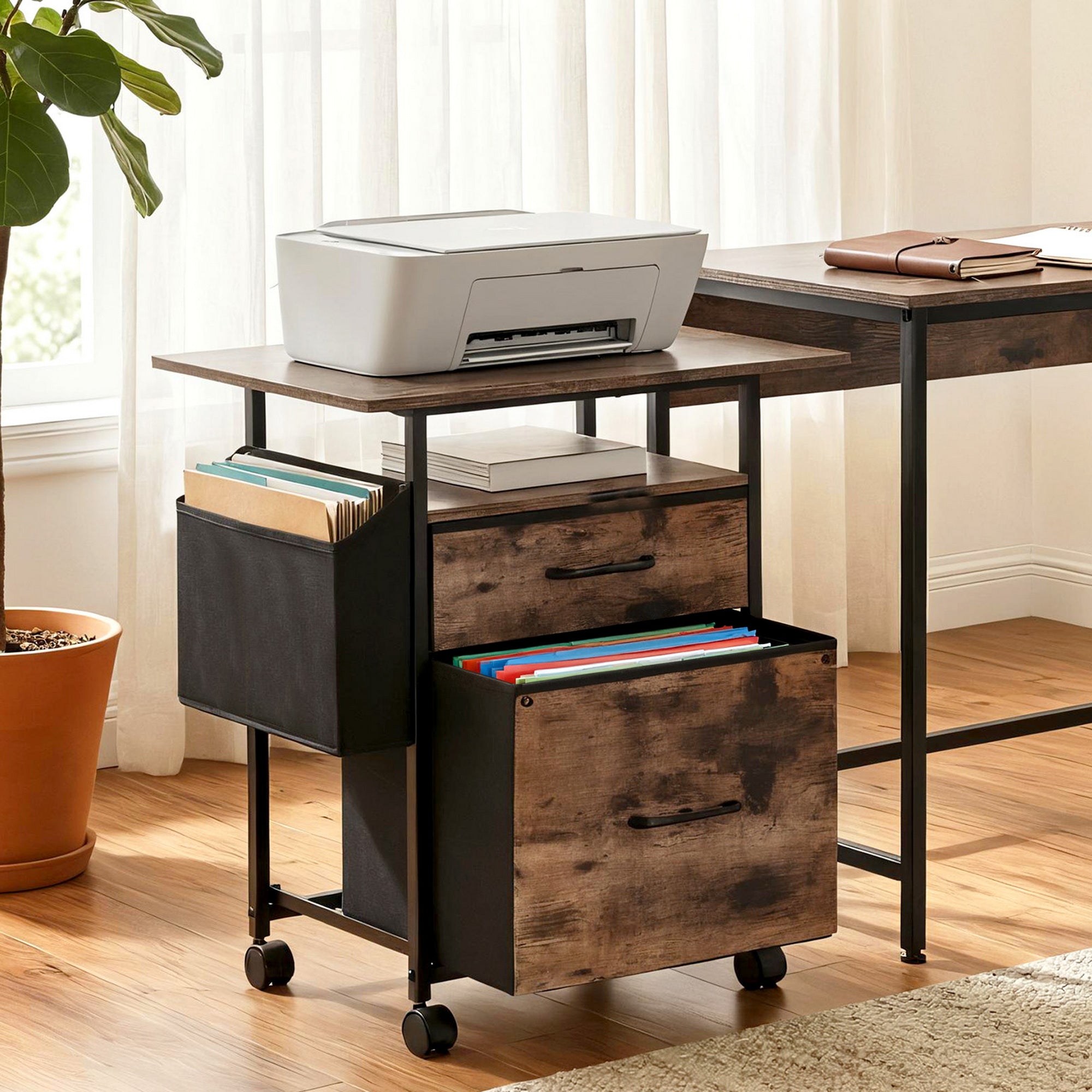 Filing Cabinet with 2 Fabric Drawers Printer Stand 60cm Desk