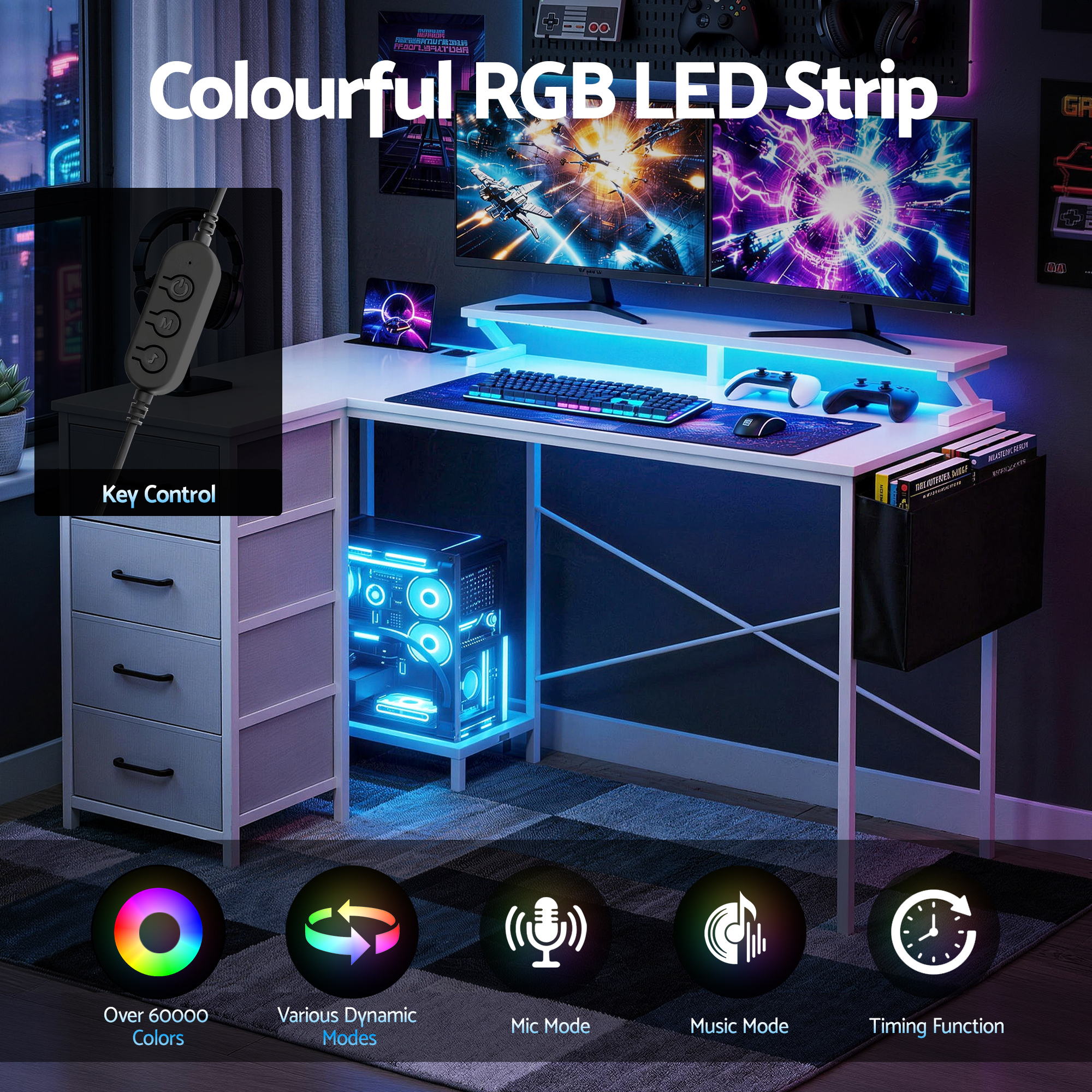 Artiss 140cm L Shaped Gaming Desk LED Lights | Simpledeals