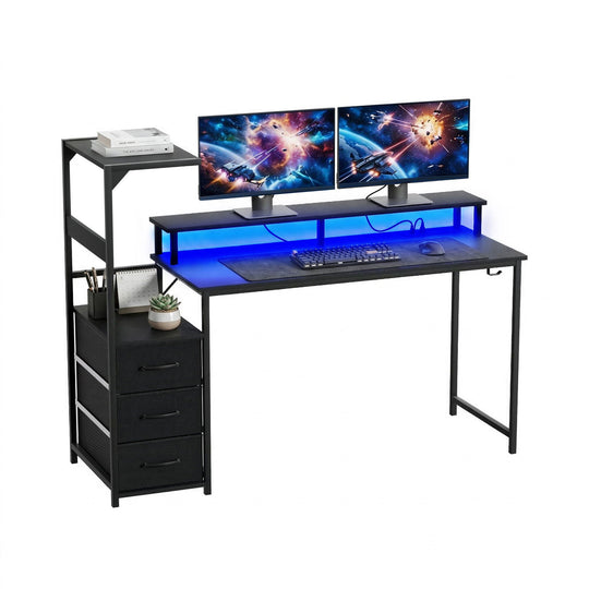 L Shaped Gaming Desk LED Lights Power Outlets