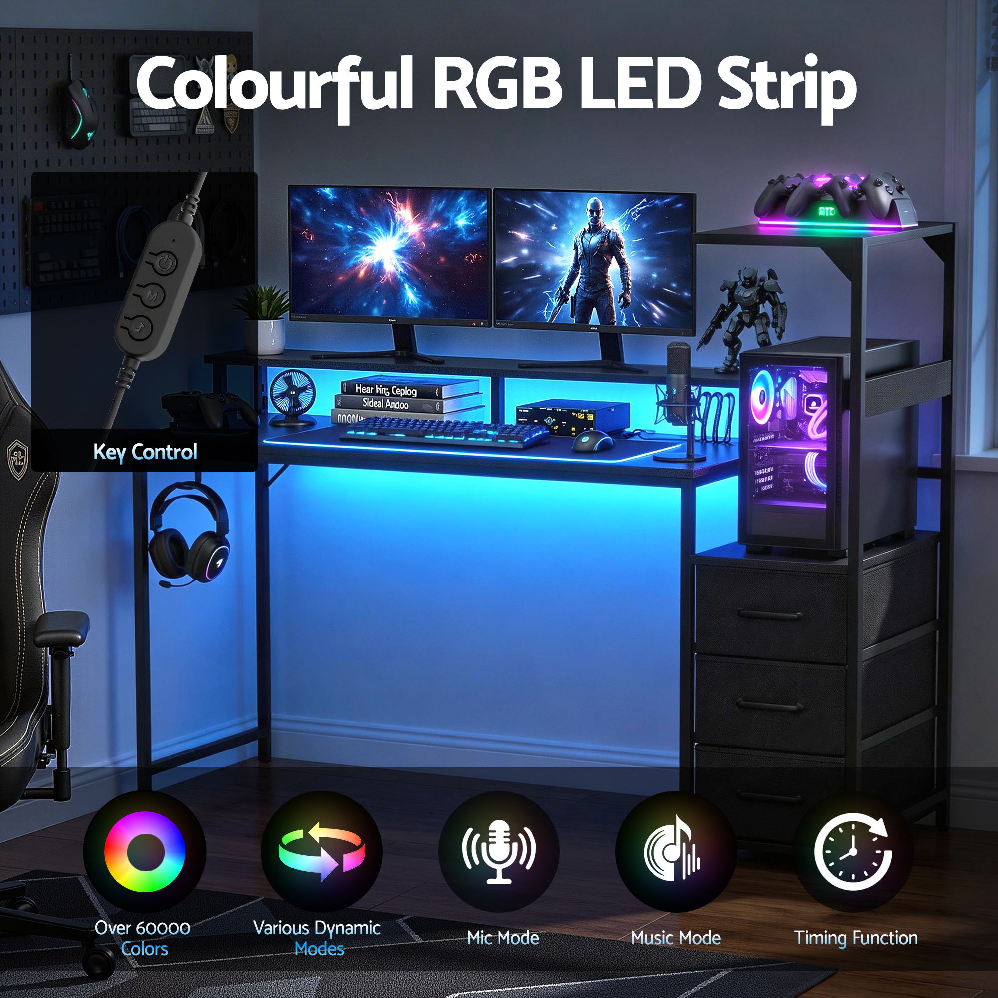 Artiss L Shaped Gaming Desk LED Lights Power Outlets | Simpledeals