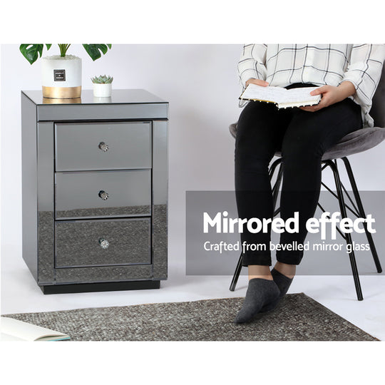 Bedside Table 3 Drawers Mirrored - PRESIA Grey - Artiss Furniture Glass Smoky