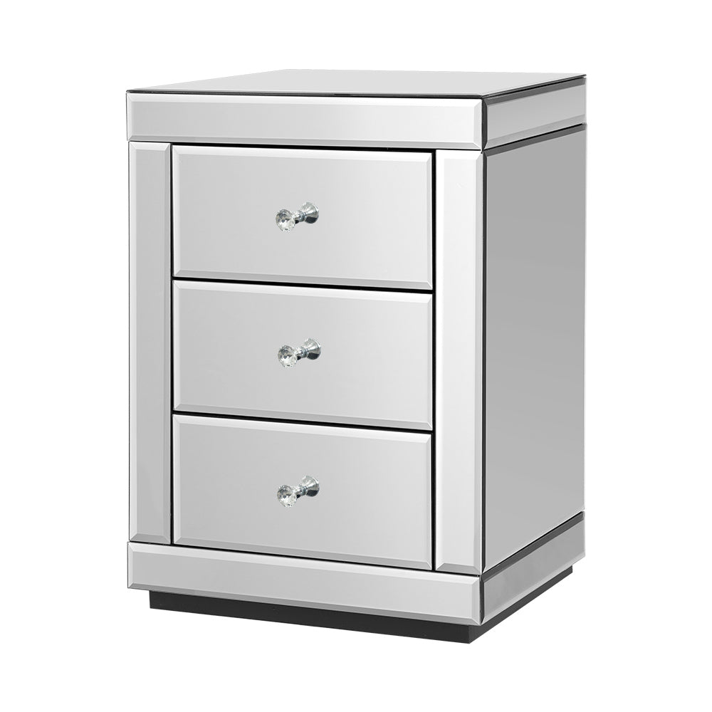 Bedside Table Silver Mirrored 3-Drawer Nightstand