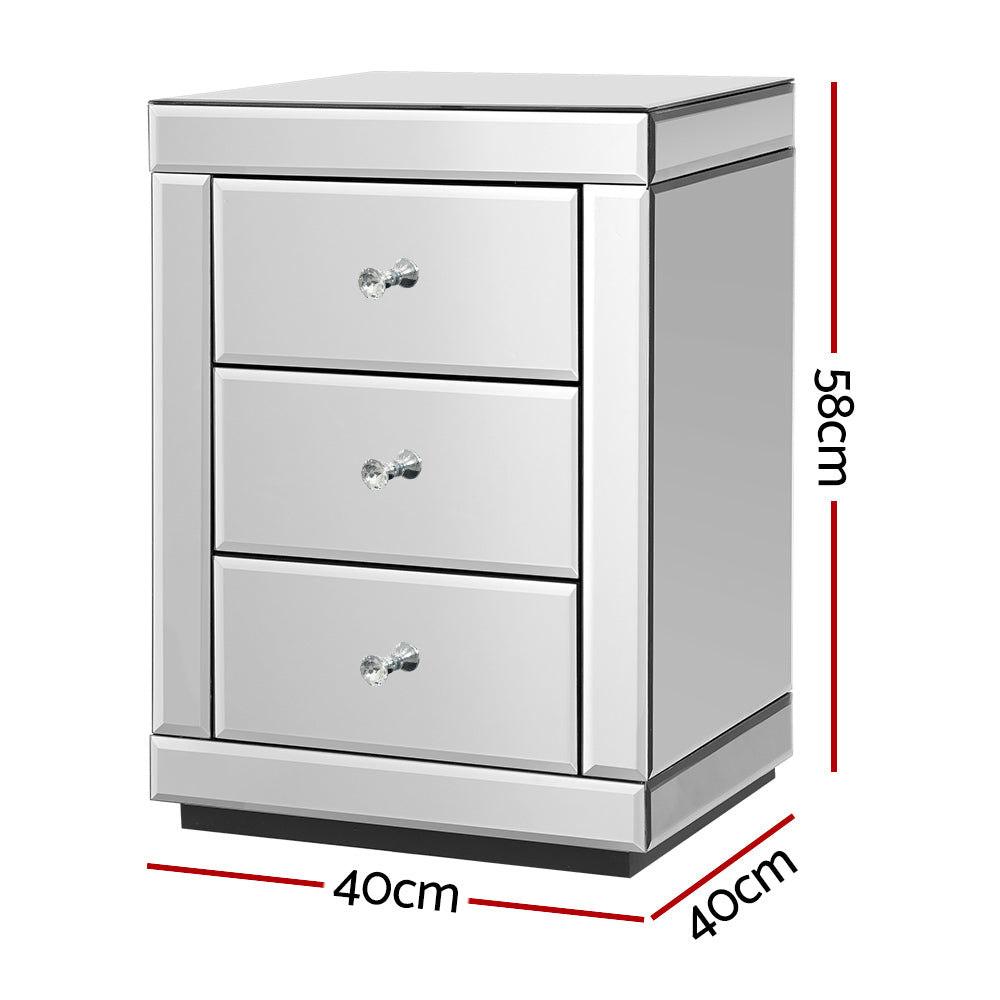 Bedside Table Silver Mirrored 3-Drawer Nightstand