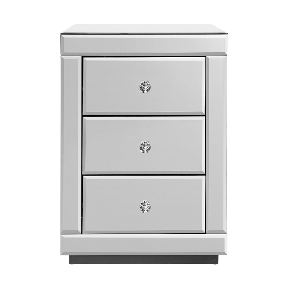 Bedside Table Silver Mirrored 3-Drawer Nightstand