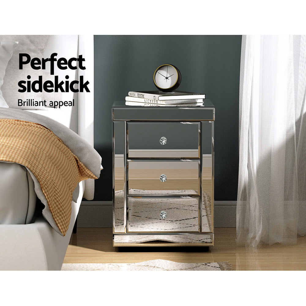 Bedside Table Silver Mirrored 3-Drawer Nightstand