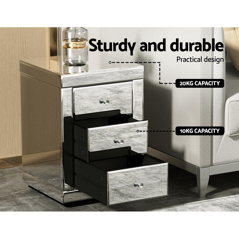 Bedside Table Silver Mirrored 3-Drawer Nightstand