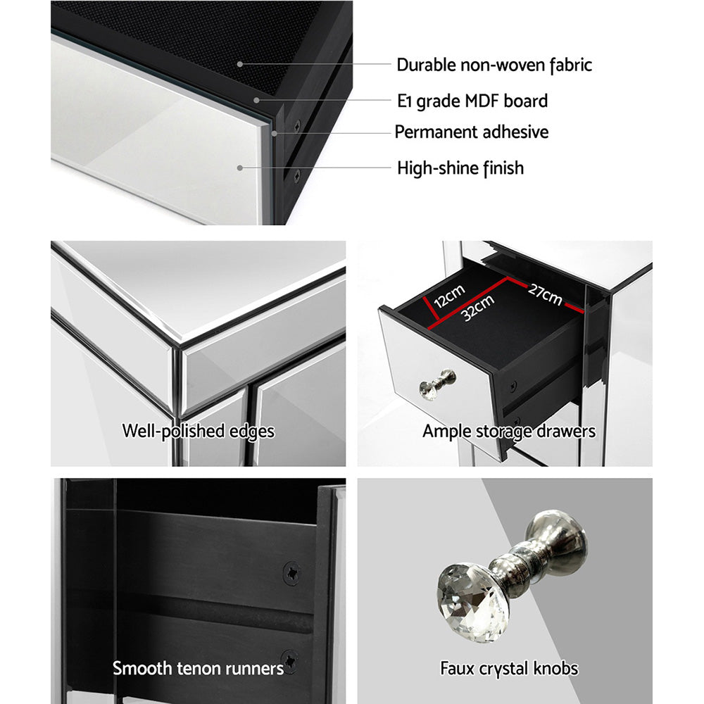 Bedside Table Silver Mirrored 3-Drawer Nightstand